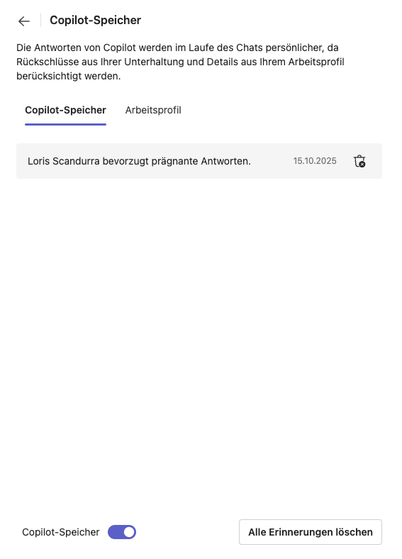 Copilot Arbeitsspeicher Ansicht