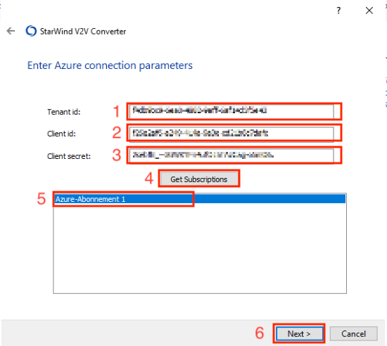 StarWind V2V Converter - Azure connection parameters