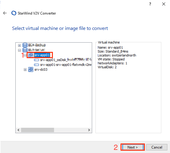 StarWind V2V Converter - Azure virtual machine selection