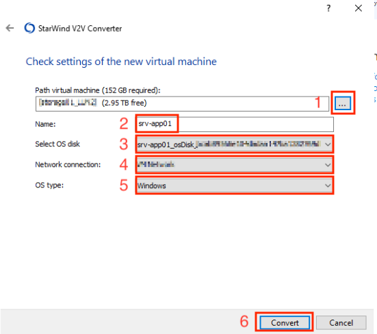StarWind V2V Converter - New virtual machine settings